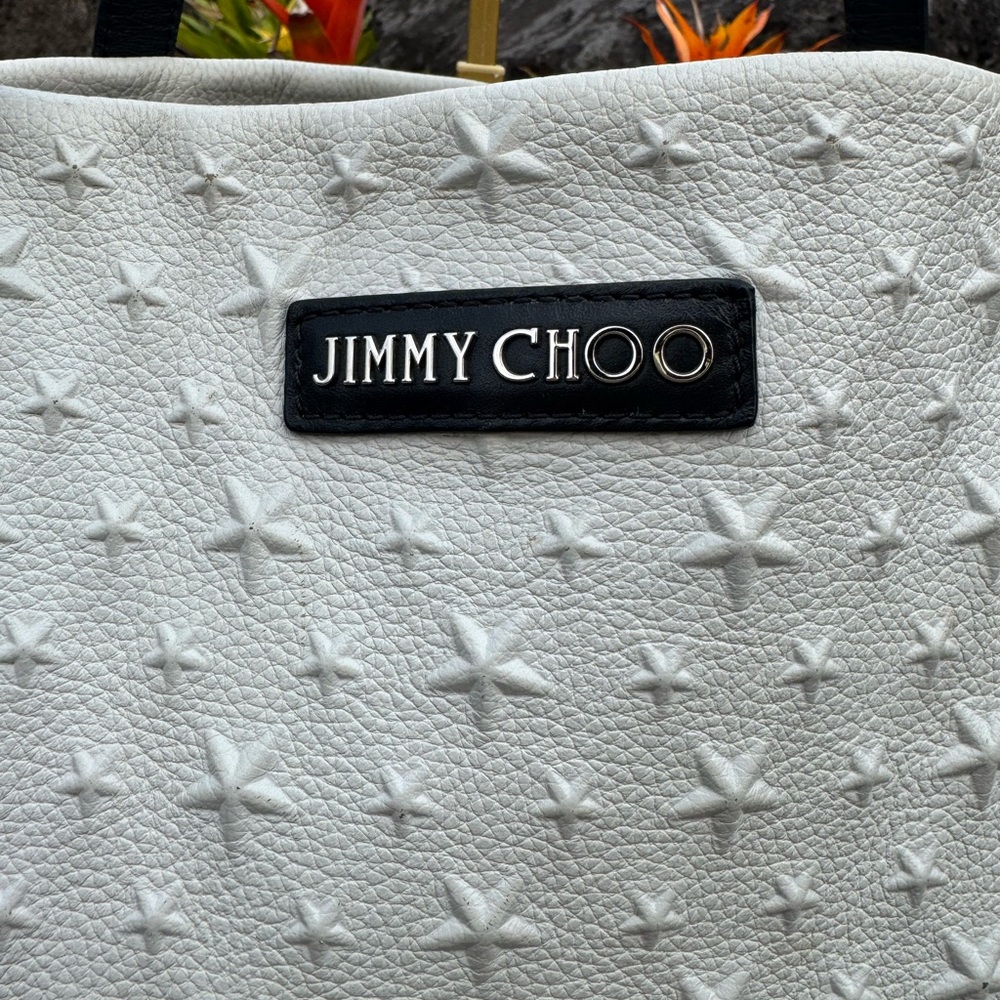 Jimmy Choo White Star Embossed Leather Tote Bag Black Handles Made in Italy - Picture 3 of 16